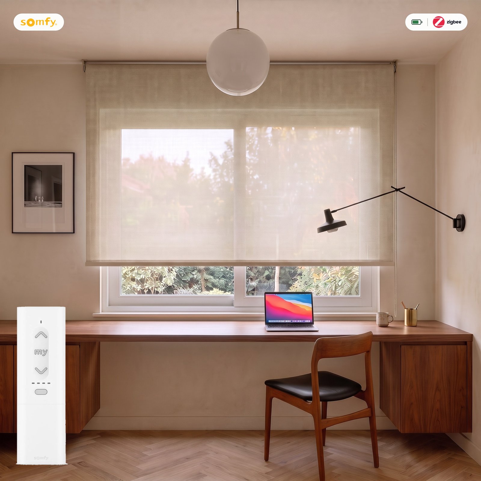 Estor motorizado Screen 3% Abu Dhabi BG4 con mando Somfy Zigbee Estor enrollable motorizado screen 3% tejido Abu Dhabi BG4 con mando Somfy Zigbee, batería y cargador