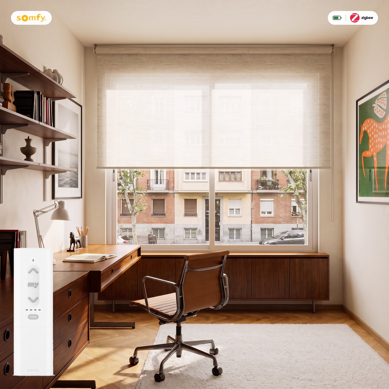 Estor motorizado Linen Natural con mando Somfy Zigbee Estor enrollable motorizado traslúcido tejido Linen Natural con mando Somfy Zigbee, batería y cargador