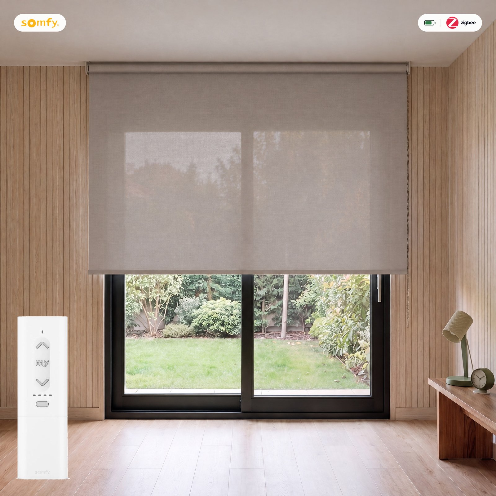 Estor motorizado Screen 1% Perla Lino con mando Somfy Zigbee