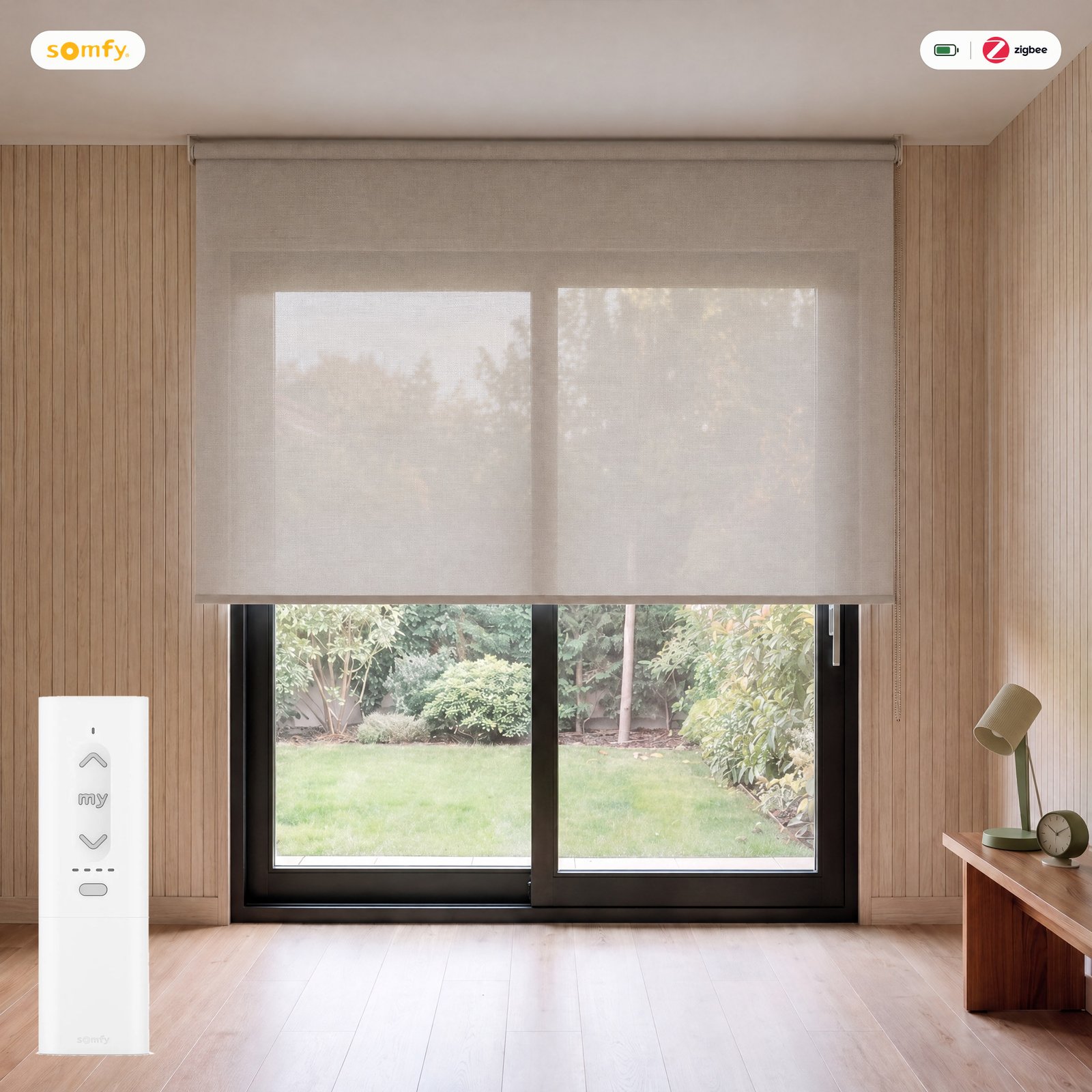 Estor motorizado Screen 3% Perla Lino con mando Somfy Zigbee