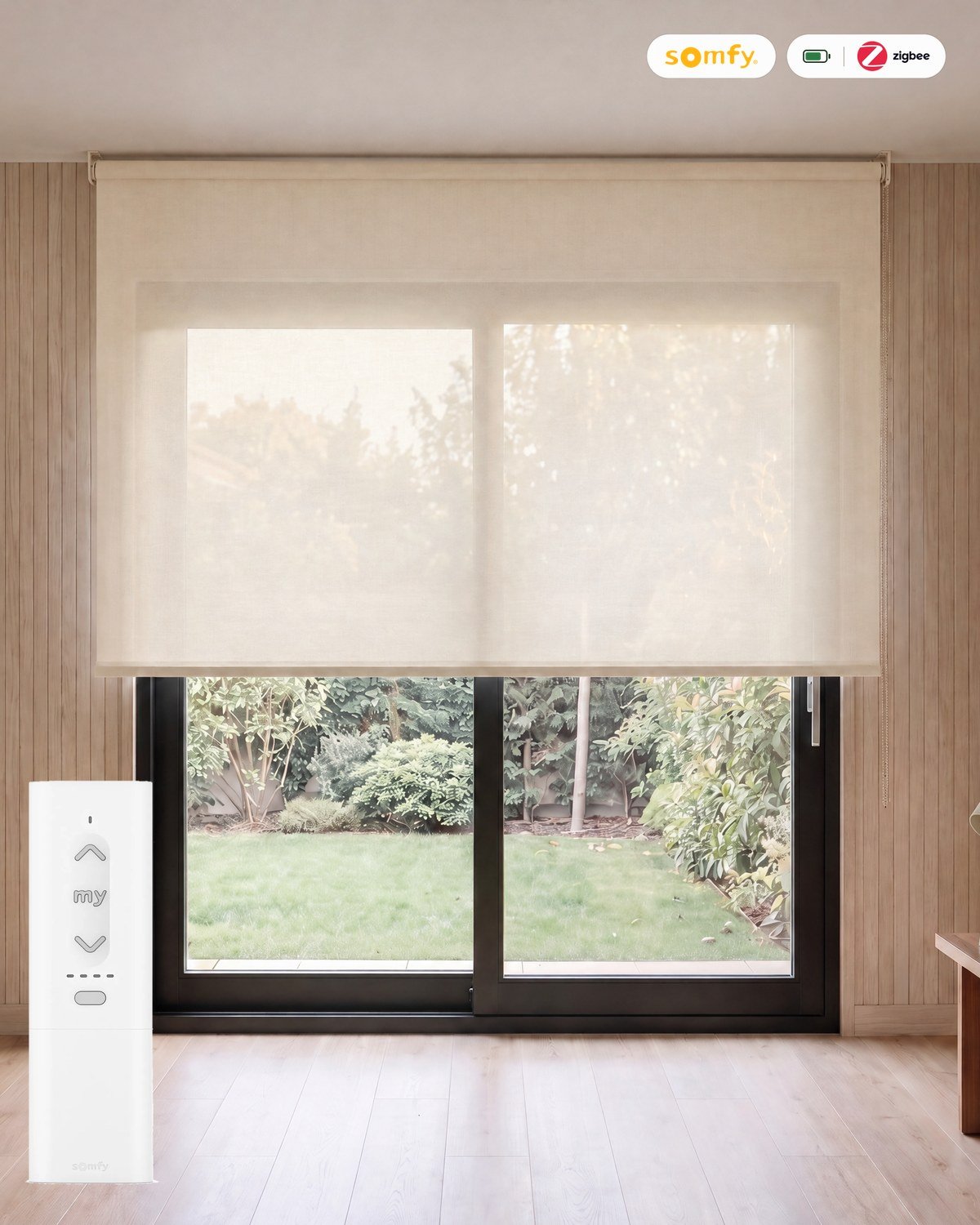 Estor motorizado screen de poliéster 5% Blanco Lino (0208) con mando a distancia Somfy, motor a batería y tecnología Zigbee