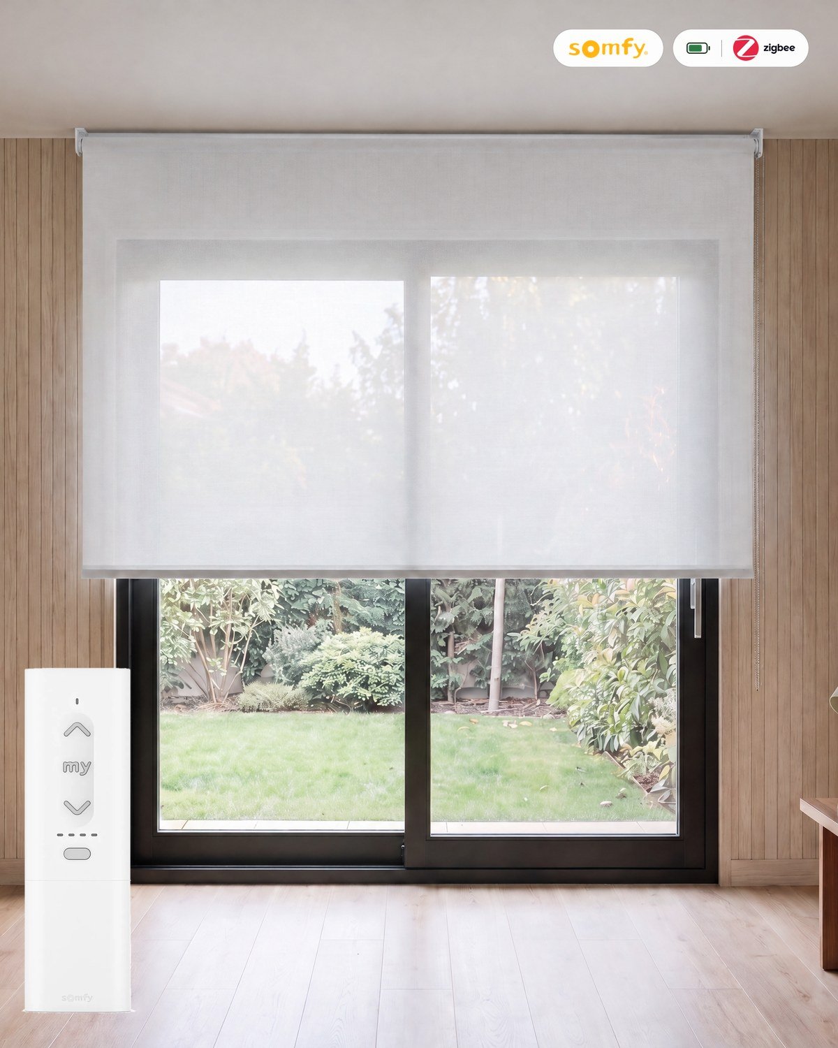 Estor motorizado screen de poliéster 5% Blanco Perla (0207) con mando a distancia Somfy, motor a batería y tecnología Zigbee