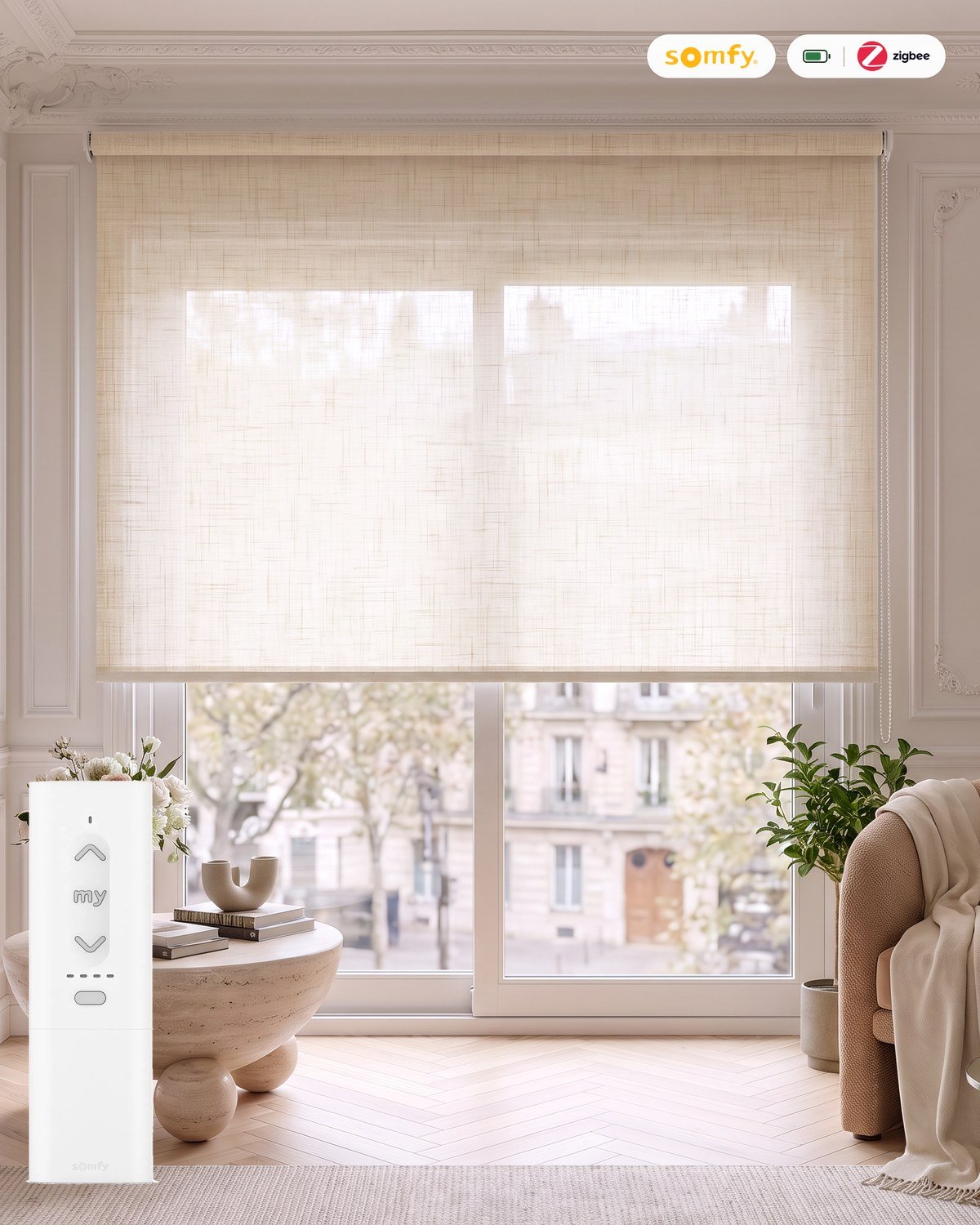Estor enrollable motorizado tejido Soho con mando Somfy Zigbee, batería y cargador