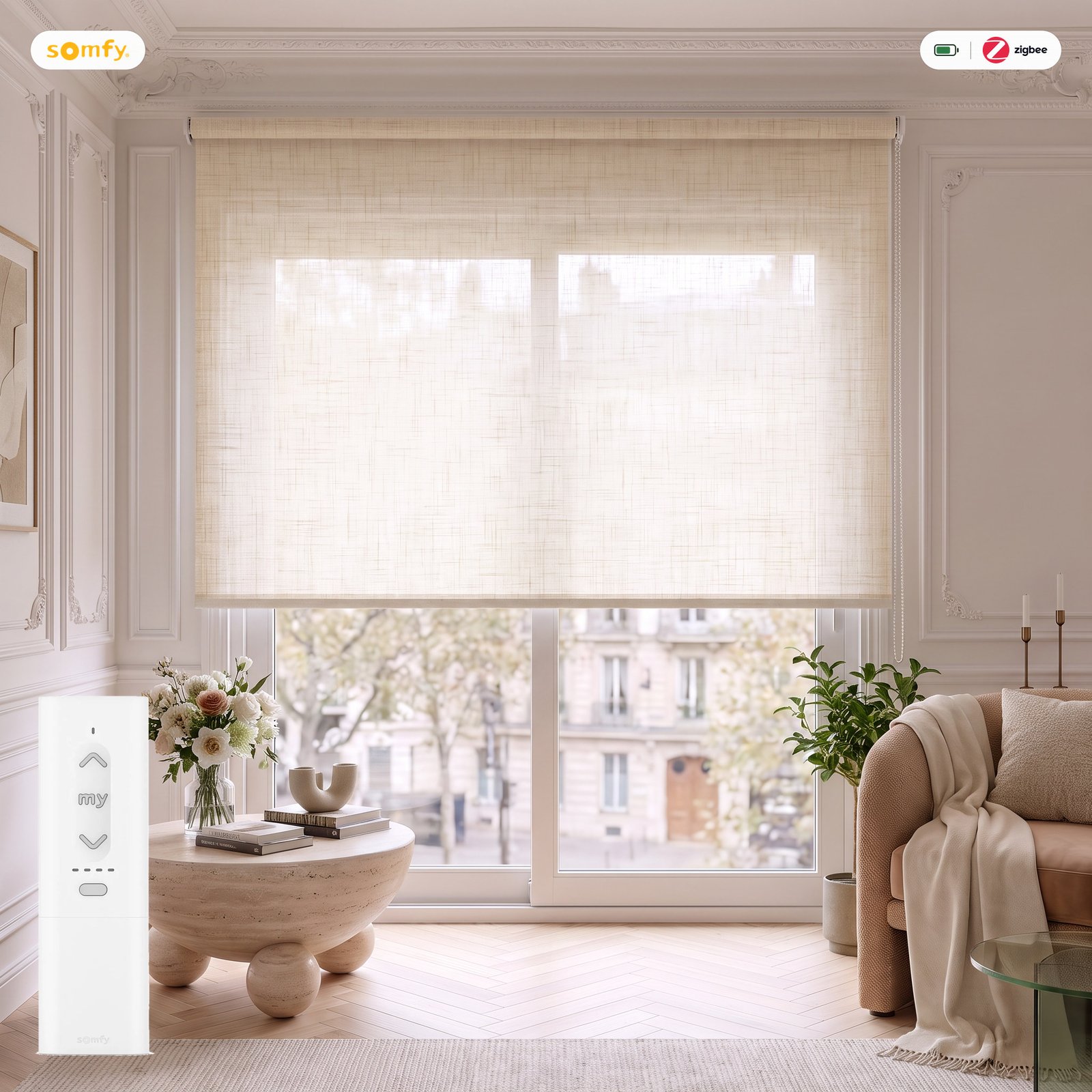 Estor motorizado Soho con mando Somfy Zigbee Estor enrollable motorizado tejido Soho con mando Somfy Zigbee, batería y cargador