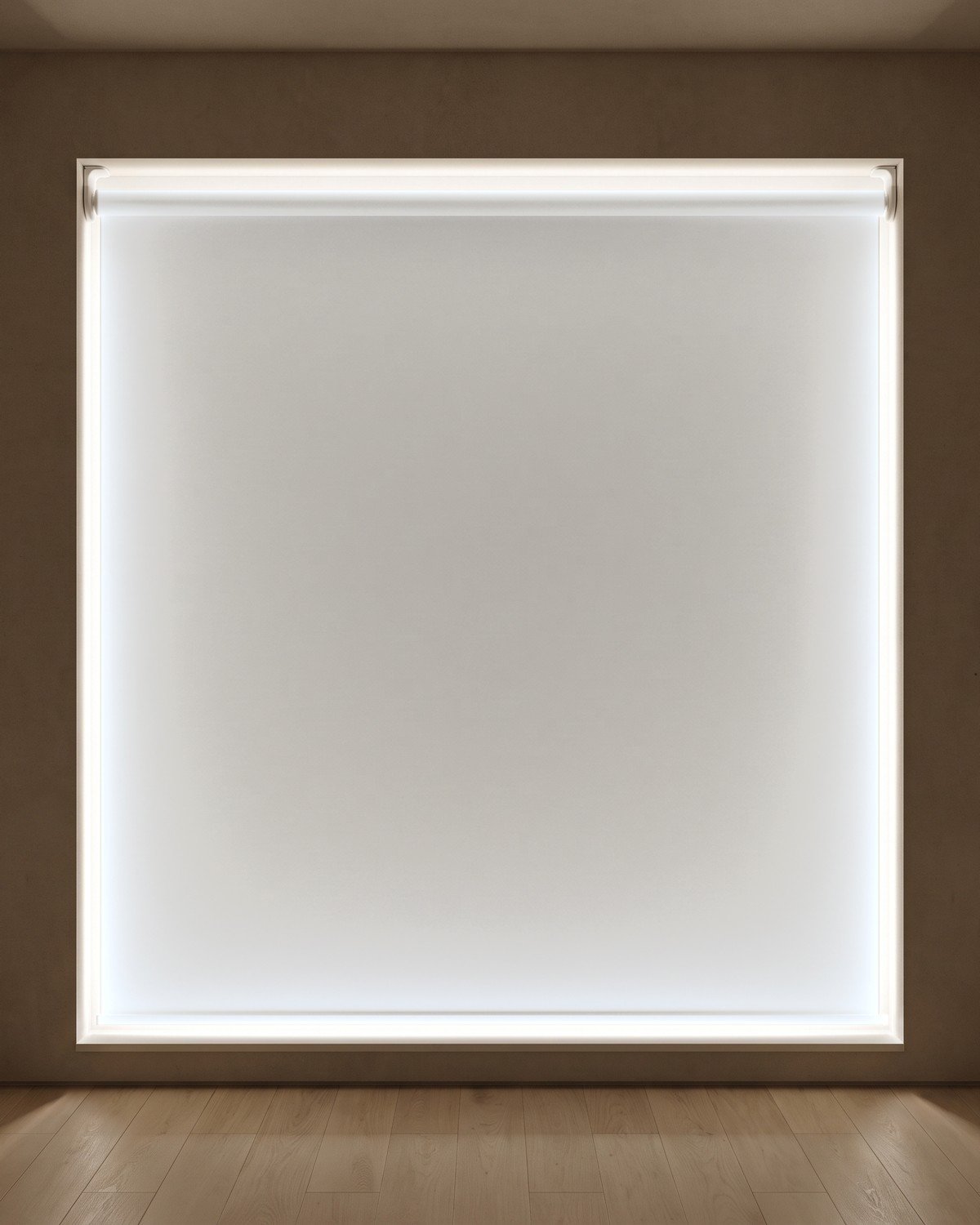 Estor enrollable opaco LuxBlock Beige #0356, blackout, en una sala con luz entrando por los bordes