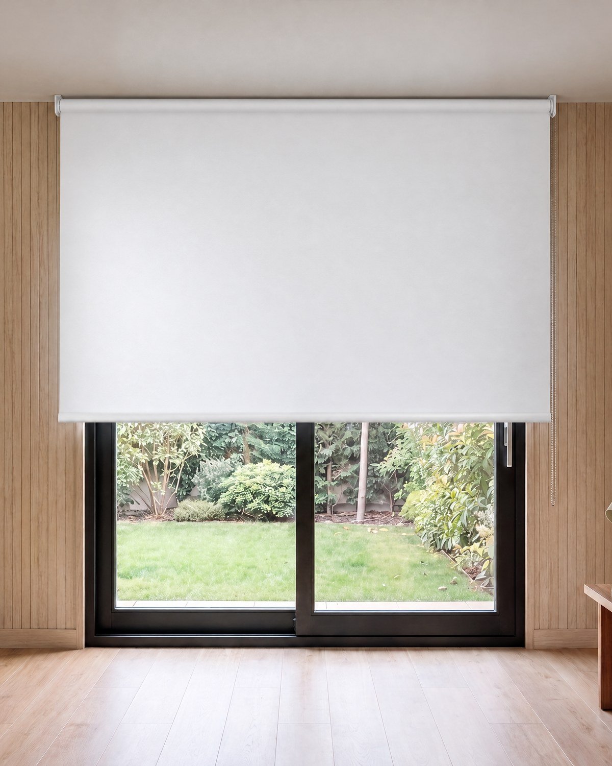 Estor enrollable opaco LuxBlock Blanco, blackout, en una sala con paneles de madera