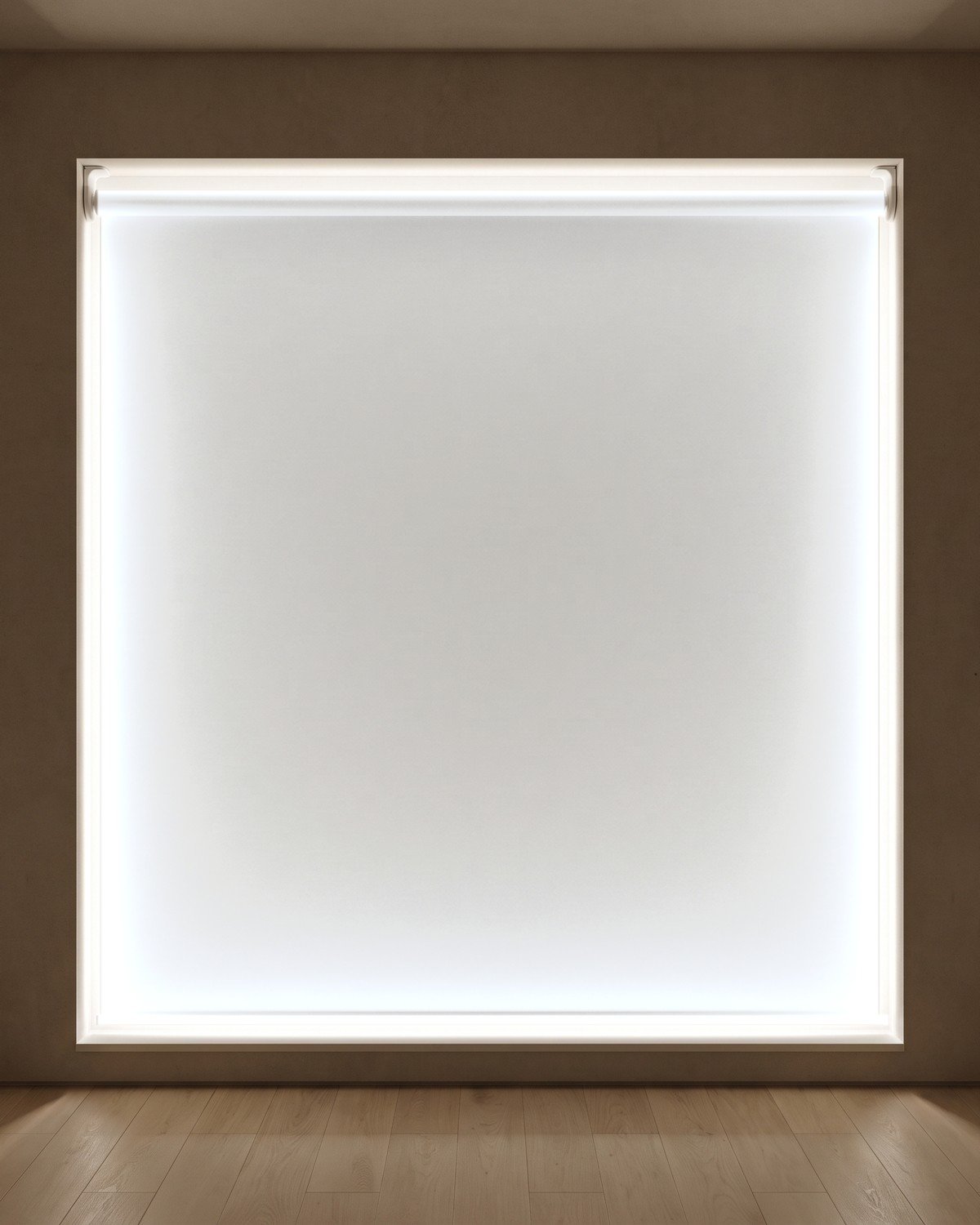 Estor enrollable opaco LuxBlock Blanco, blackout, en una sala con luz entrando por los bordes
