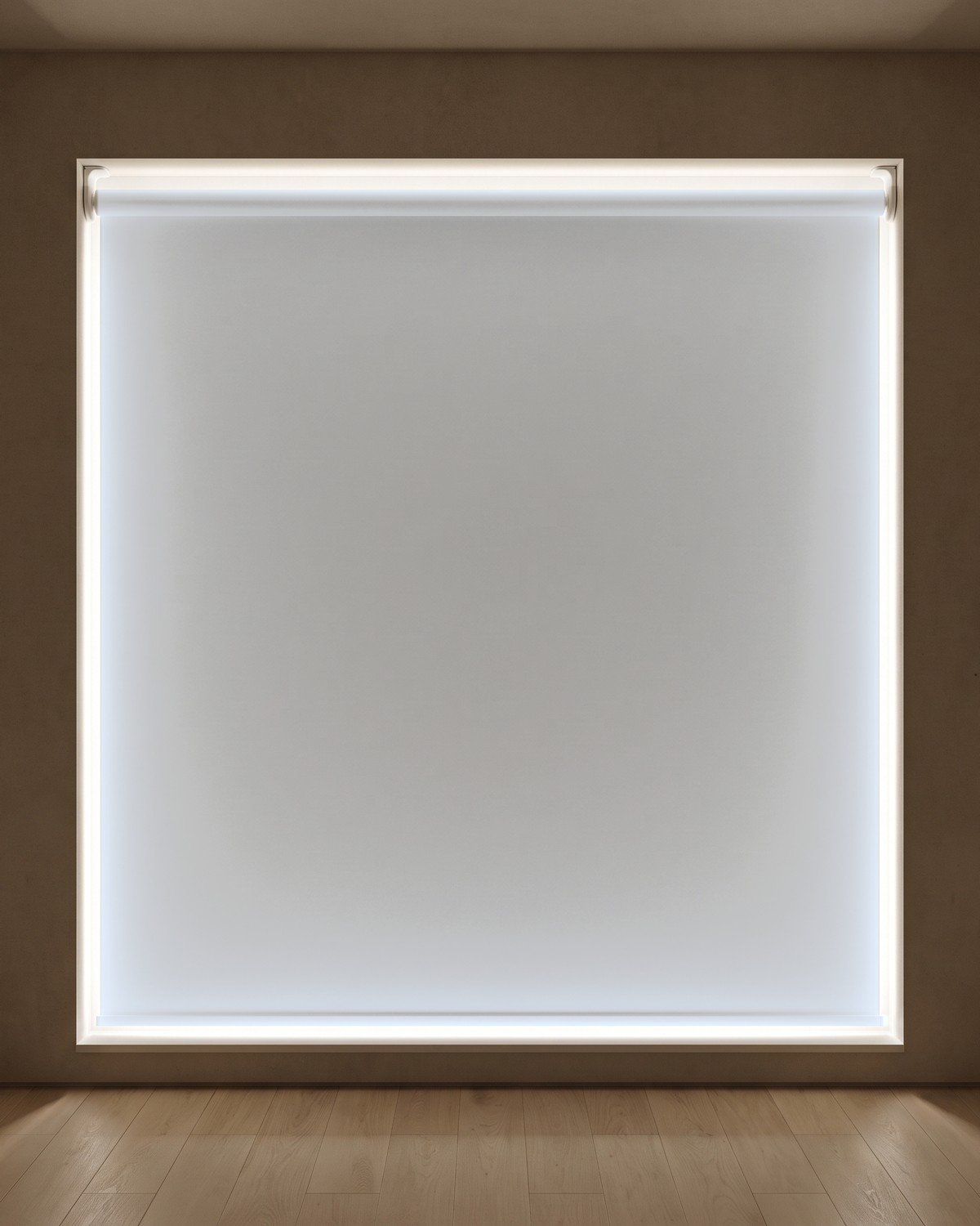 Estor enrollable opaco LuxBlock Gris Claro #0358, blackout, en una sala con luz entrando por los bordes