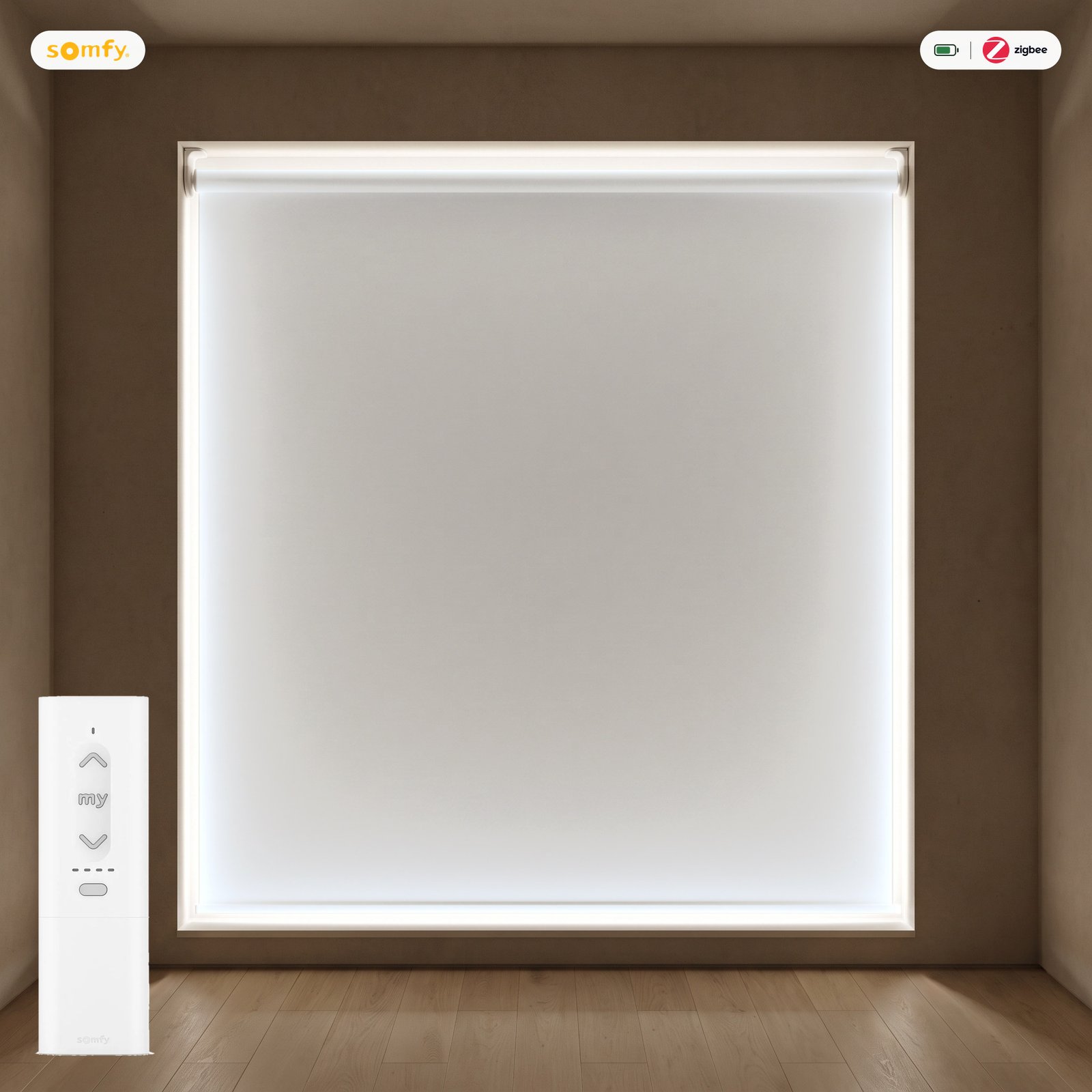 Estor opaco LuxBlock motorizado Beige claro #0356 Estor enrollable opaco LuxBlock Beige claro #0356 motorizado con mando Somfy Zigbee, batería y cargador