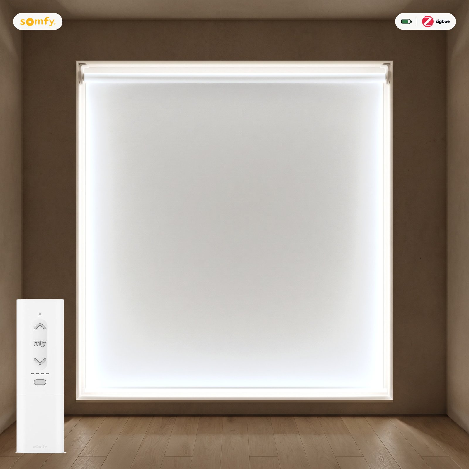 Estor opaco LuxBlock motorizado Blanco Estor enrollable opaco LuxBlock Blanco motorizado con mando Somfy Zigbee, batería y cargador
