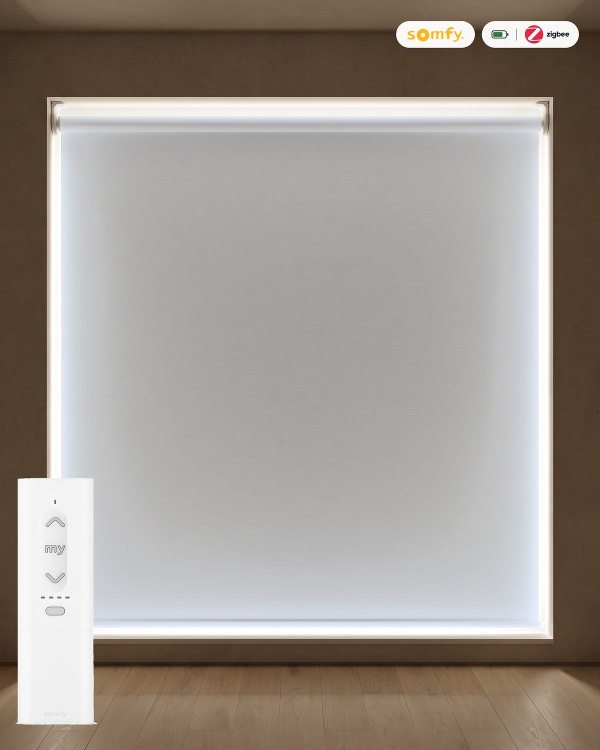 Estor enrollable opaco LuxBlock Gris claro #0358 motorizado con mando Somfy Zigbee, batería y cargador