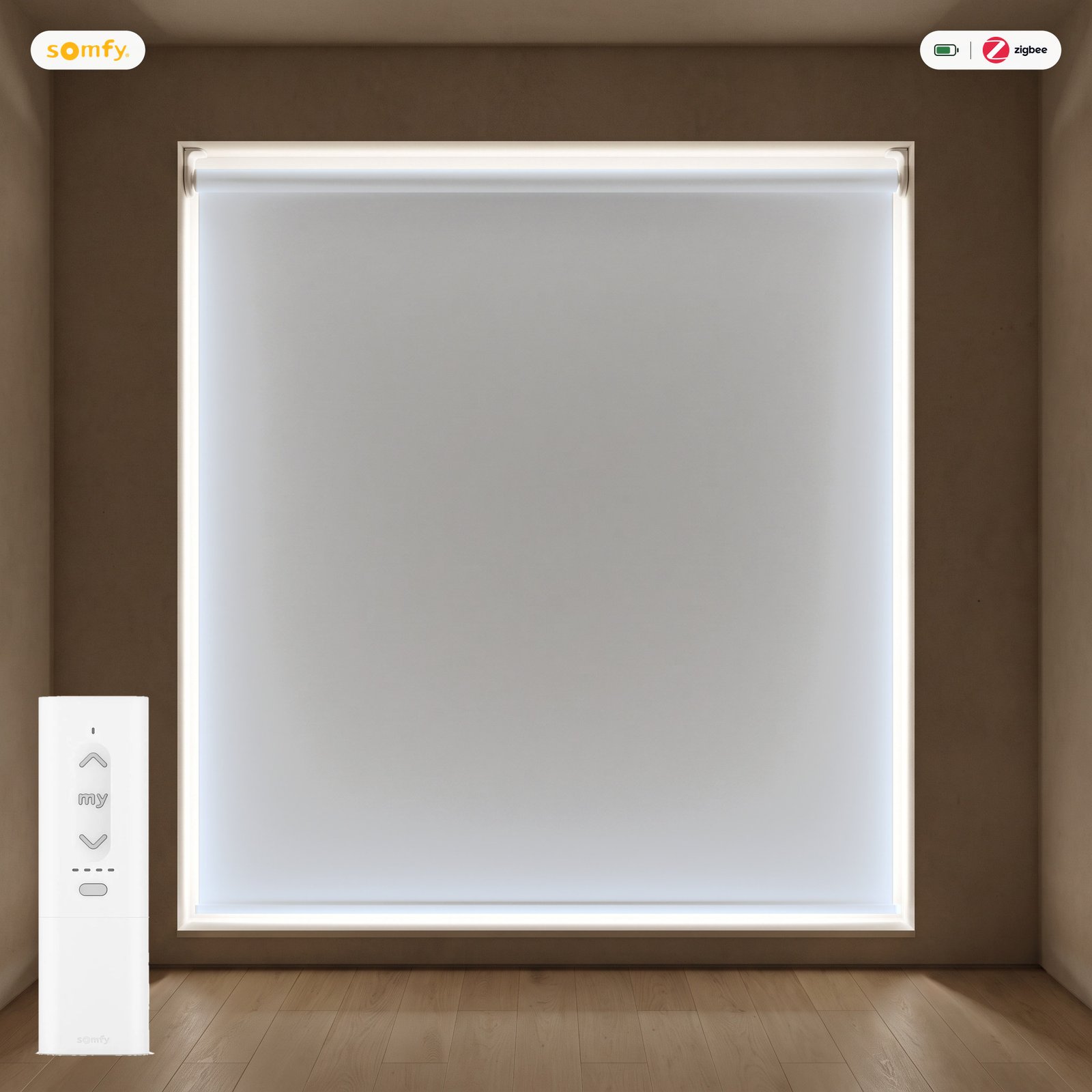 Estor opaco LuxBlock motorizado Gris claro #0358 Estor enrollable opaco LuxBlock Gris claro #0358 motorizado con mando Somfy Zigbee, batería y cargador