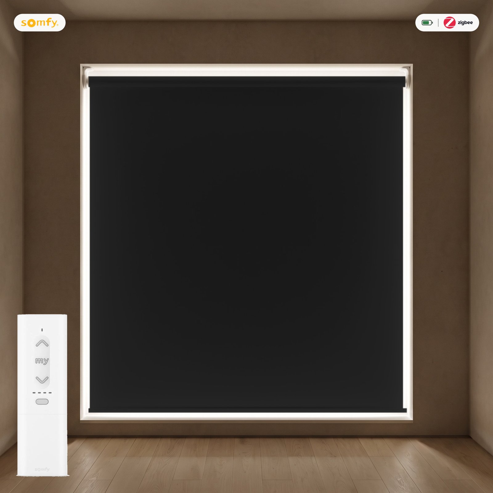 Estor opaco LuxBlock motorizado Negro Estor enrollable opaco LuxBlock Negro motorizado con mando Somfy Zigbee, batería y cargador
