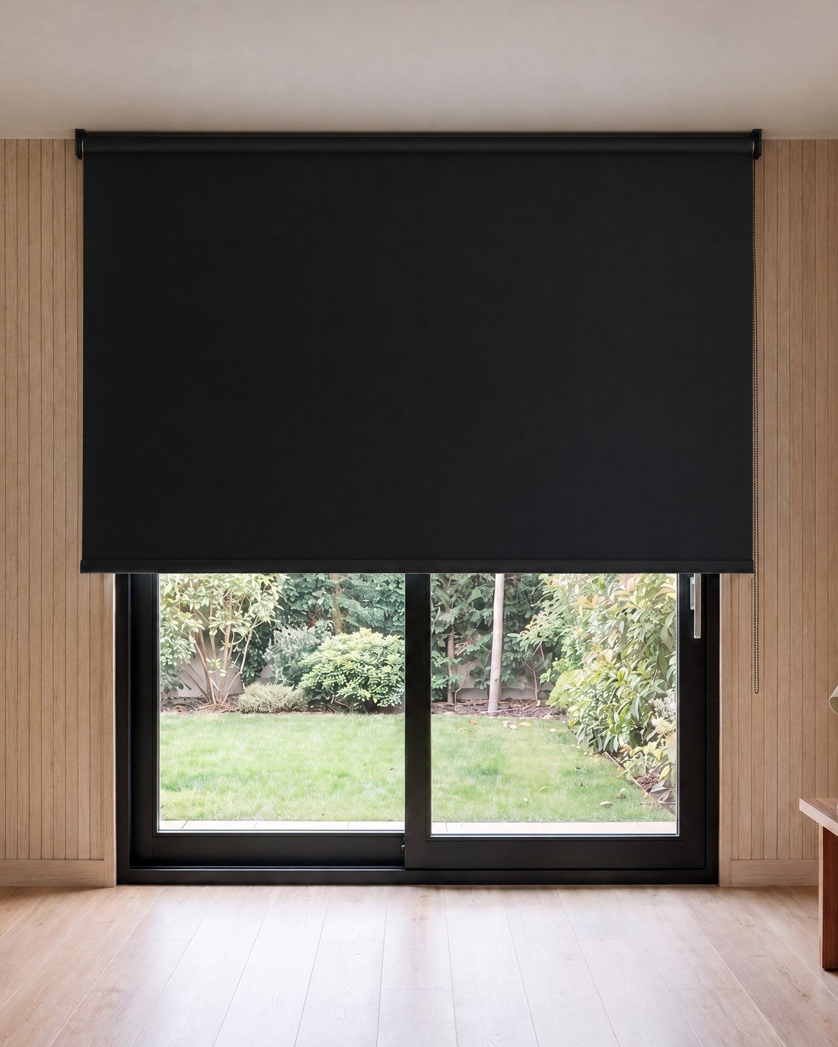 Estor enrollable opaco LuxBlock Negro, blackout, en una sala con paneles de madera