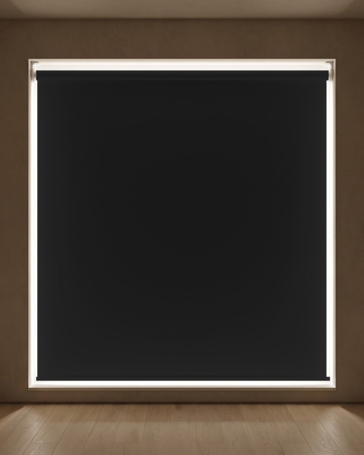 Estor enrollable opaco LuxBlock Negro, blackout, en una sala con luz entrando por los bordes