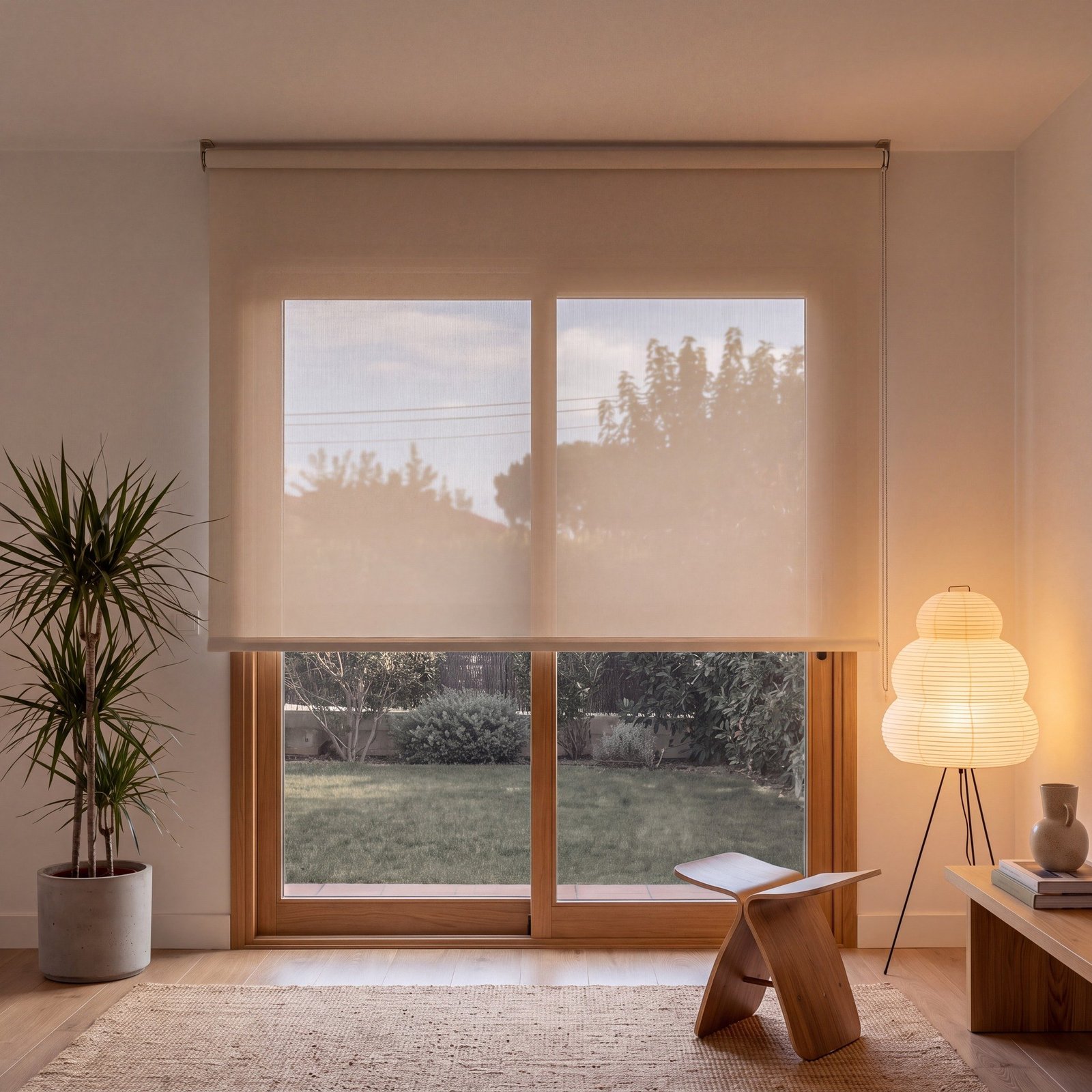 Estor screen poliéster 1% Blanco Lino 0208 en salón