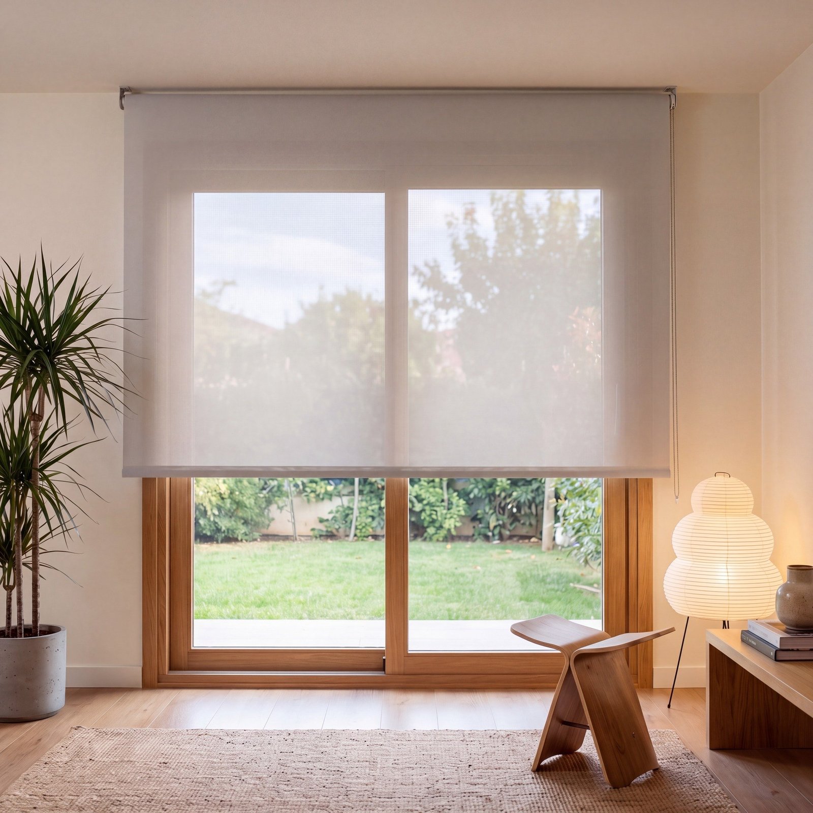 Estor screen poliéster 1% Blanco Perla 0207 en salón