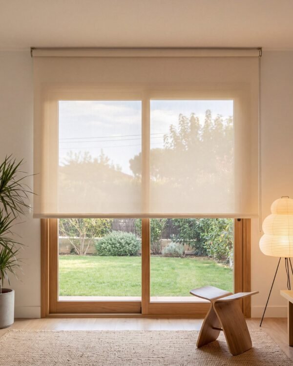 Estor enrollable screen de poliéster 3% Blanco Lino (0208) instalado en un salón con ventana corredera
