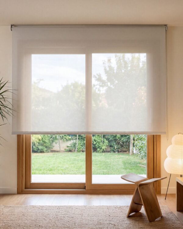 Estor enrollable screen de poliéster 3% Blanco Perla (0207) instalado en un salón con ventana corredera