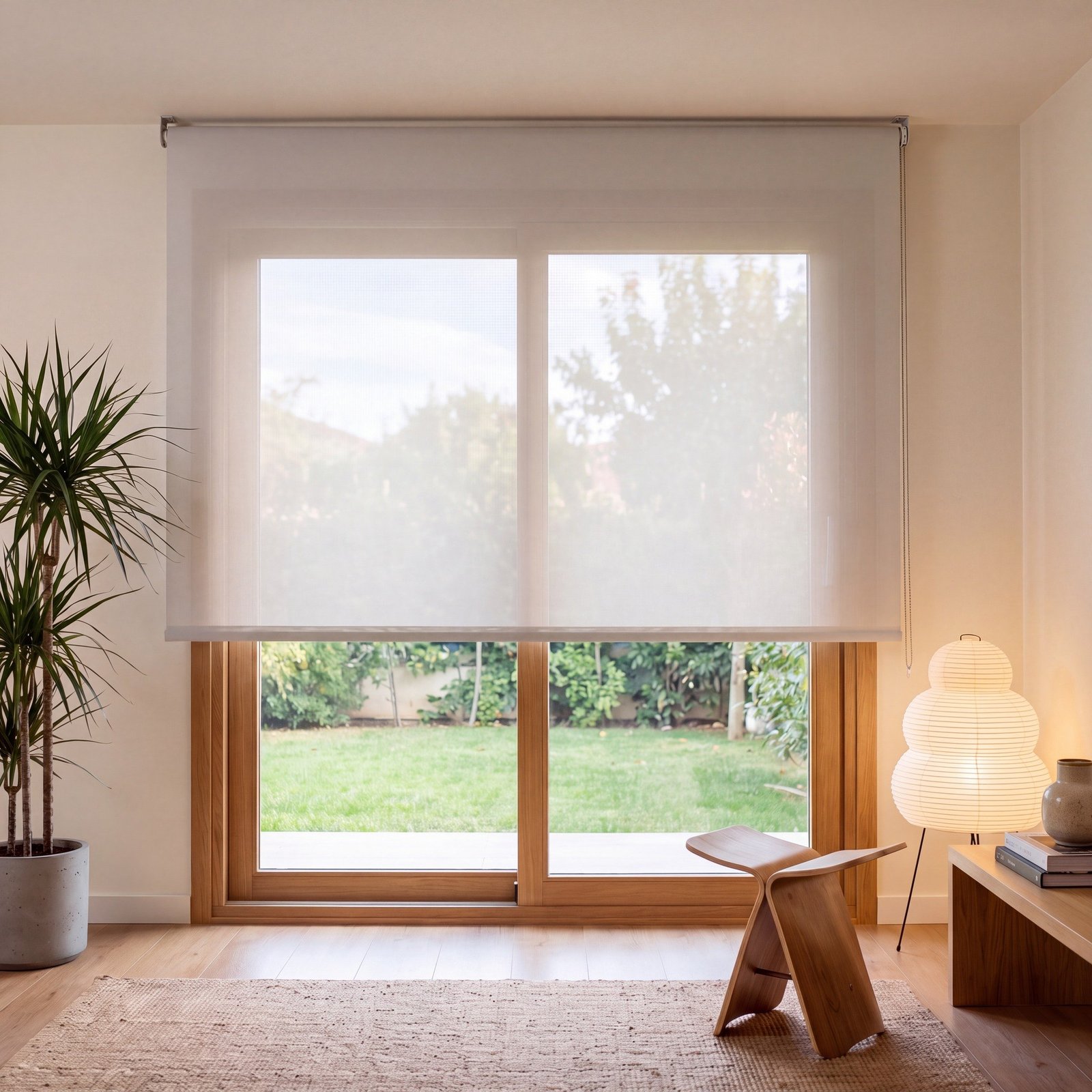Estor screen poliéster 5% Blanco Perla 0207 en salón Estor enrollable screen de poliéster 5% Blanco Perla (0207) instalado en un salón con ventana corredera